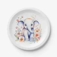 Cute Baby Elephant Girl's Baby Shower  Paper Plates