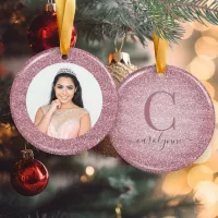 Chic Blush Pink | Rose Gold Glitter Monogram Photo Ceramic Ornament