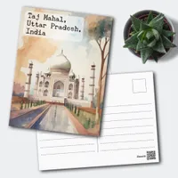 Taj Mahal, India Vintage Watercolor Travel Postcard