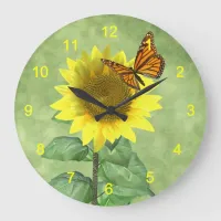 Pretty Yellow Sunflower and Orange Butterfly Large Clock