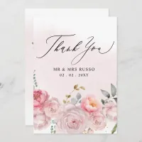 Simple Script Elegant Blush Floral Wedding  Thank You Card