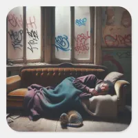 Homeless Man Sleeping in Abandoned Building   Square Sticker