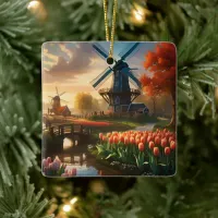 Windmill in Dutch Countryside by River with Tulips Ceramic Ornament