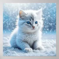 Little White Kitten in Snow Christmas Poster