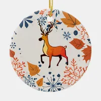 Elegant Reindeer Fall Leaves Holiday Gift Décor Ceramic Ornament