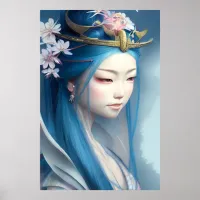 Japanese blue-haired Fairy Fantasy AI Art Poster