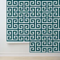 Midnight Green and White Large Greek Key Wallpaper