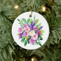 Personalized Purple Flowers Christmas Ceramic Ornament