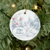 Cute White Rabbits in Snow Winter Holiday Ceramic Ornament