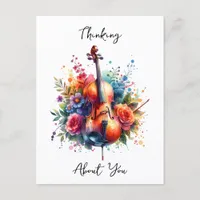 Watercolor Cello and Flowers Thinking About You Postcard