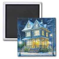 Large Beautiful Victorian House at Christmas Magnet