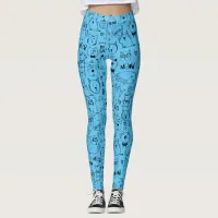 Cat Doodles, Funny Kitty Pattern on Blue Leggings