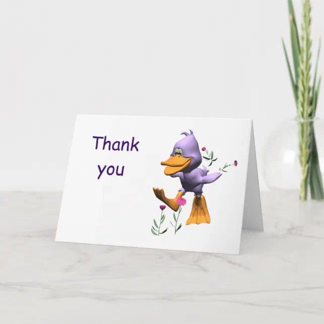 Cute Happy Cartoon Duck Running Through Flowers Thank You Card