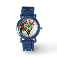 Fire breathing dragon red, green, and yellow scale watch