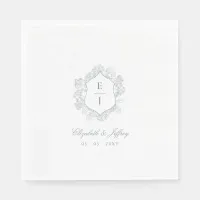 Dusty Blue Floral Crest Monogram Wedding Napkins