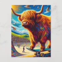 Skateboarding Highland Cow Colorful Fun Surreal Postcard