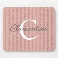Girly Pink Rose Gold Glitter Stripes Monogram Mouse Pad
