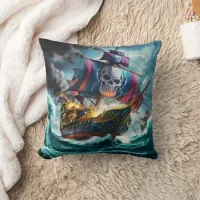 Colorful Pirate Ship Battling Turbulent Seas Throw Pillow