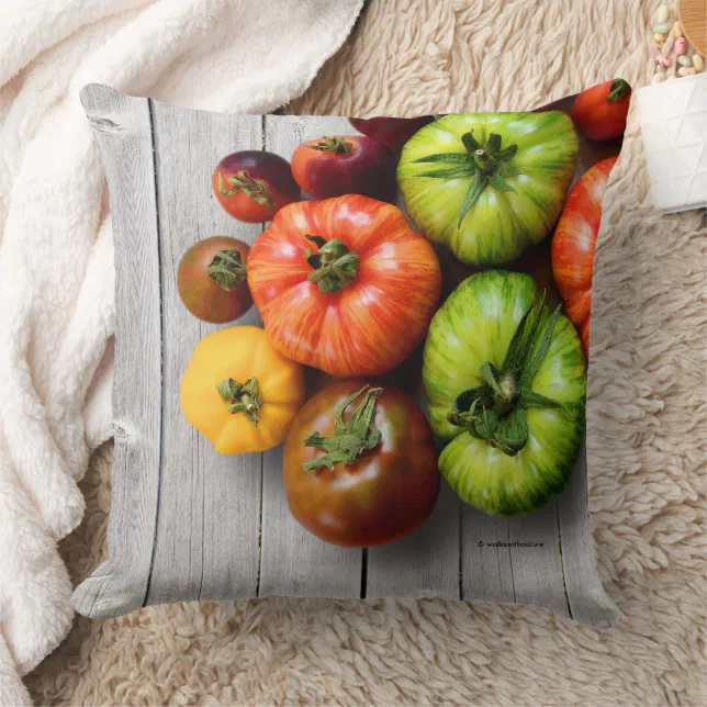 Colorful Striped Tomatoes on Weathered Table Throw Pillow