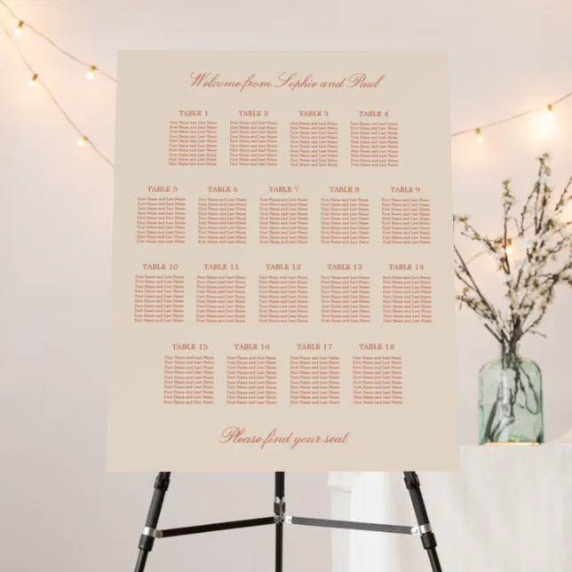 Terracotta Script 18 Table Wedding Seating Chart Foam Board