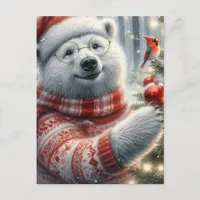 Adorable Christmas Polar Bear and Cardinal Bird Postcard