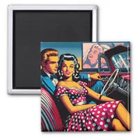 Retro Couple in Car at Drive In Movie Magnet