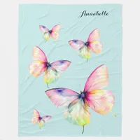 Delicate Pink Butterfly in Pastel Rainbow Colors Fleece Blanket