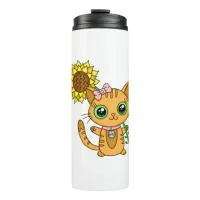 Cute Orange Kawaii Cat with Sunflower Thermal Tumbler