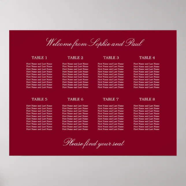 Burgundy 8 Table Wedding Seating Chart Poster