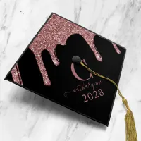 Black Girly Rose Gold Glitter Drips Monogram Graduation Cap Topper