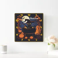 Black cat brewing potions under a Halloween moon Square Wall Clock