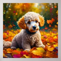 Apricot Poodle Puppy in Fall Leaves   Poster