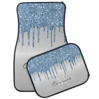 Monogram Metallic Silver & Ice Blue Glitter Drips Car Floor Mat