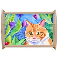 Colorful Watercolor Art | Orange Cat and Flowers Serving Tray