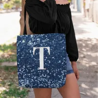 Navy Blue Faux Glitter Bokeh Sparkly Monogram Tote Bag