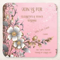 Elegant Pink Sparkle Wedding Background Square Paper Coaster