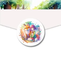 Pretty Watercolor Anime Girl and Fox Classic Round Sticker