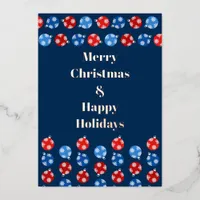 Christmas blue and red ornaments with snowflakes foil holiday card