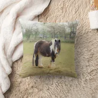 Piebald horse in the pasture throw pillow