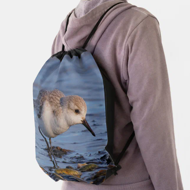 Cute Sanderling Sandpiper Strolling the Shore Drawstring Bag