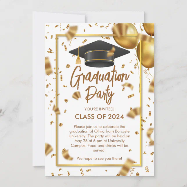 Gold And White Illustrated Graduation Party Invitation