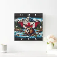 Canadian Beaver With Flag in Mountain Stream Square Wall Clock