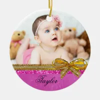 Pink Ribbon & Bow Baby Photo Ornament Keepsake