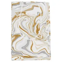 White, Gold and Silver Marble Swirls Fluid Art Medium Gift Bag