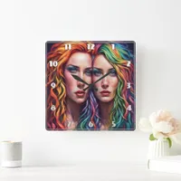 Colorful Portrait of Two Women With Vibrant Hair Square Wall Clock