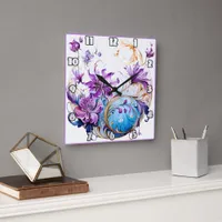 Elegant Floral Design With Purple and Blue Accents Square Wall Clock