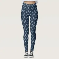 Blue Christmas trees with beads strings pattern Leggings