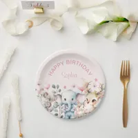 Cute Watercolor Wild Animals Pink Girl Birthday Paper Plates