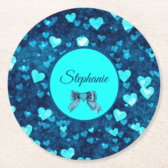 Vivid Blue Hearts Round Paper Coaster