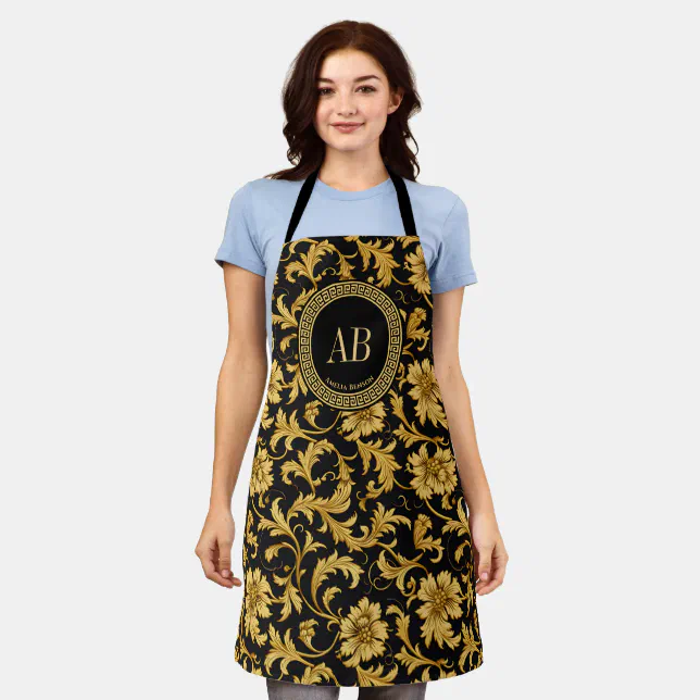 Monogram Black Gold Classy Elegant Pattern Apron